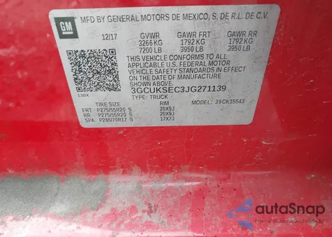 2018 Chevrolet Silverado 1500 2Lz из США, поврежденный, VIN 3GCUKSEC3JG271139